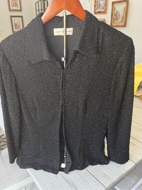 Vintage Cecily Brown 100% Silk Beaded Evening Jacket Black XS